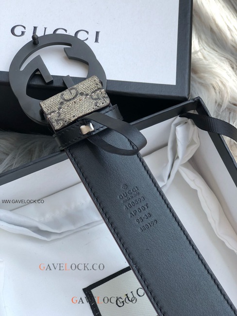 Gucci Black Leather Belt PVC Brown Monogram Black Buckle